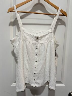 Laura Ashley White Eyelet Lace-Trim Button-Front Camisole Adjustable Straps
